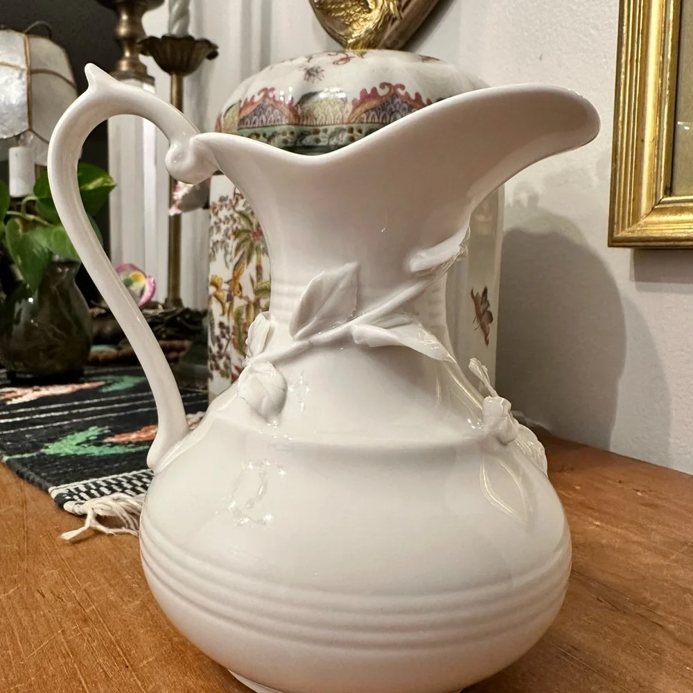 Vintage Porcelain Floral Pitcher - White Raised Rose Accent